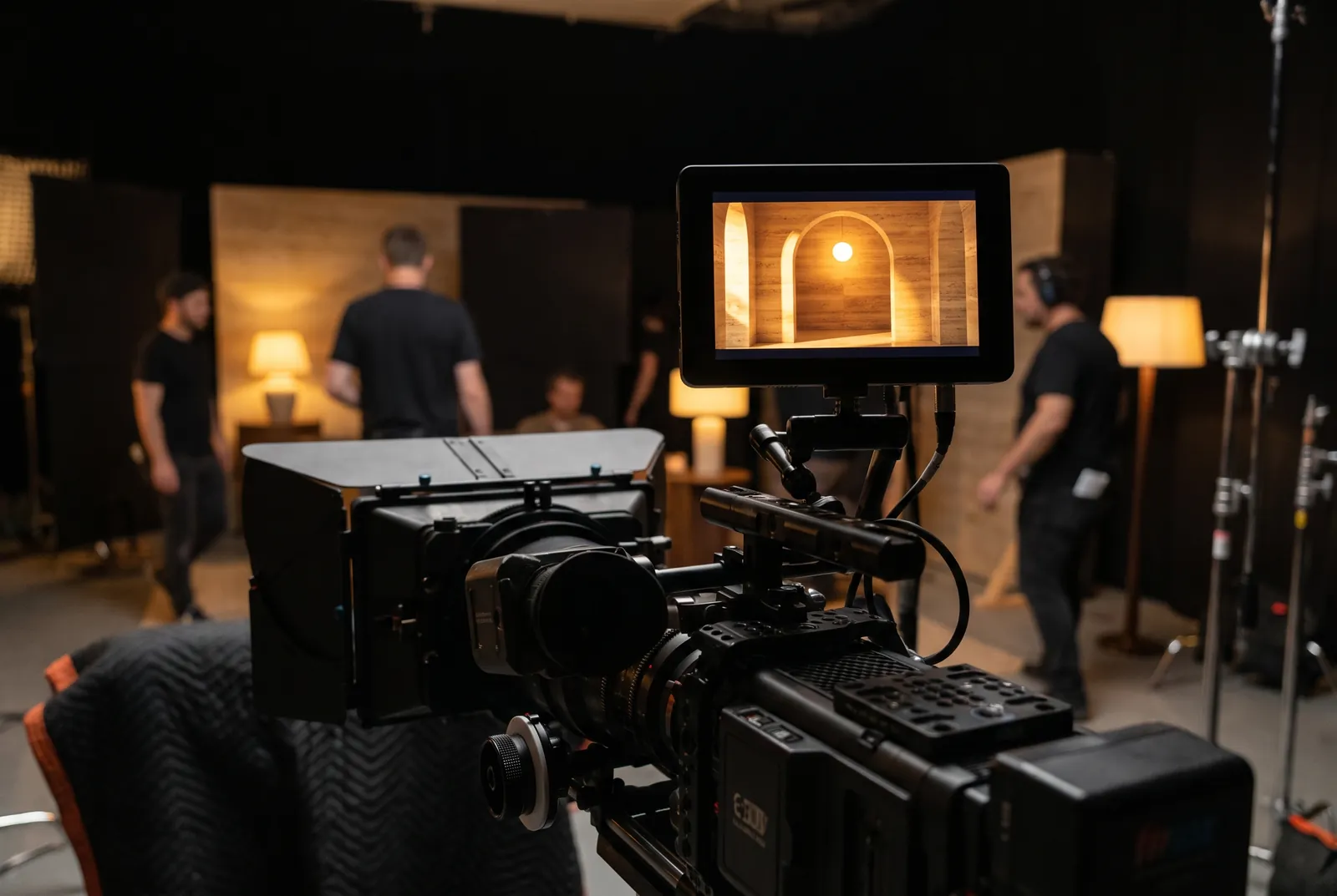 Bastidor de filmagem com câmera de cinema